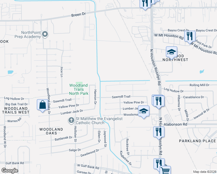 map of restaurants, bars, coffee shops, grocery stores, and more near 7410 Log Hollow Drive in Houston