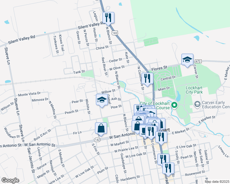 map of restaurants, bars, coffee shops, grocery stores, and more near 606 Comal in Lockhart
