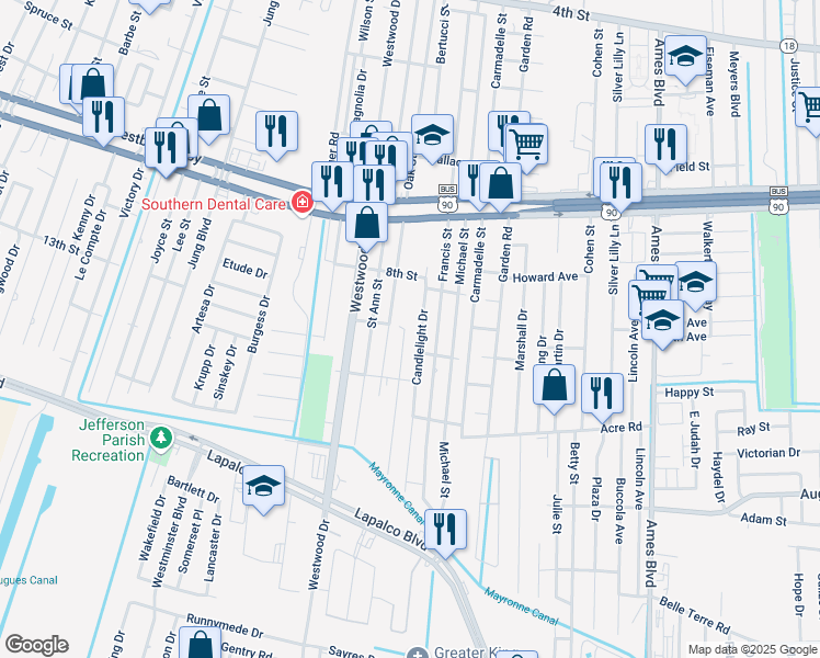 map of restaurants, bars, coffee shops, grocery stores, and more near 1037 Candlelight Court in Marrero
