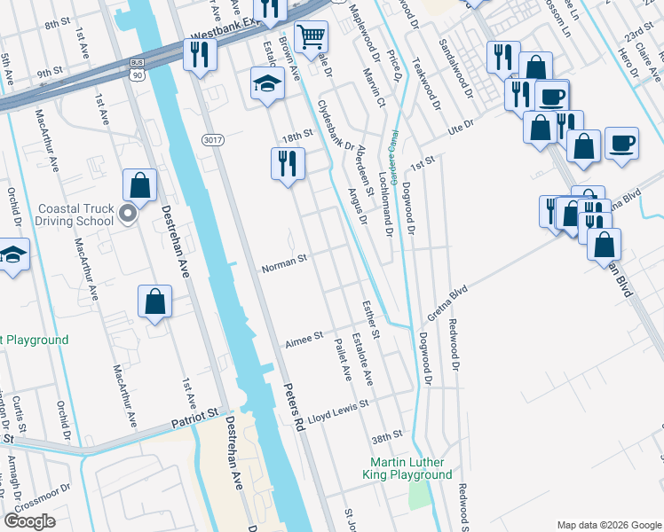 map of restaurants, bars, coffee shops, grocery stores, and more near 1540 Estalote Avenue in Harvey