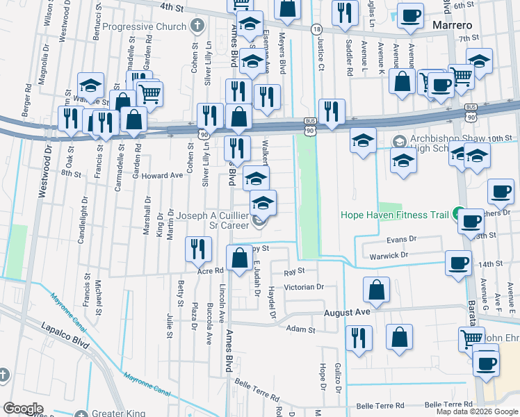 map of restaurants, bars, coffee shops, grocery stores, and more near 1429 Ames Boulevard in Marrero