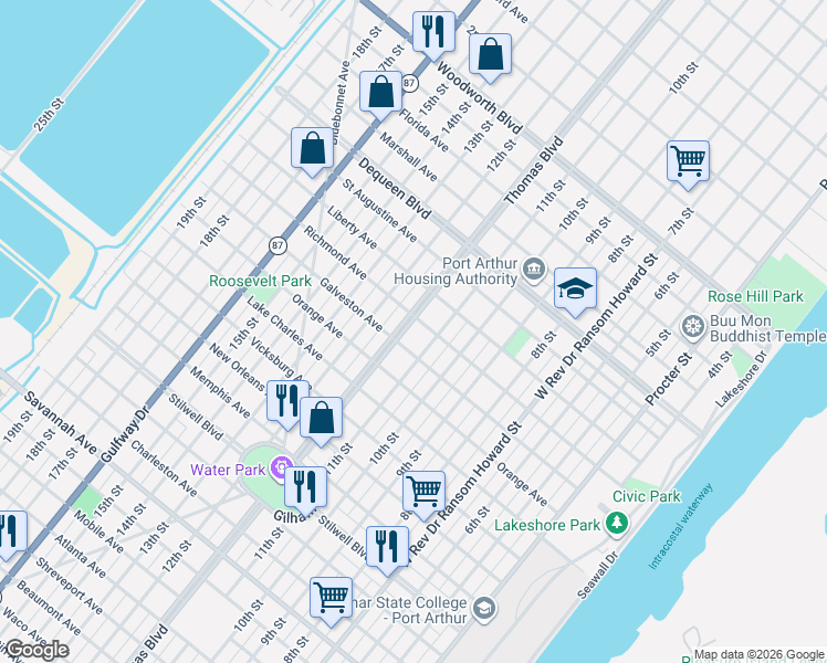 map of restaurants, bars, coffee shops, grocery stores, and more near 2048 Thomas Boulevard in Port Arthur