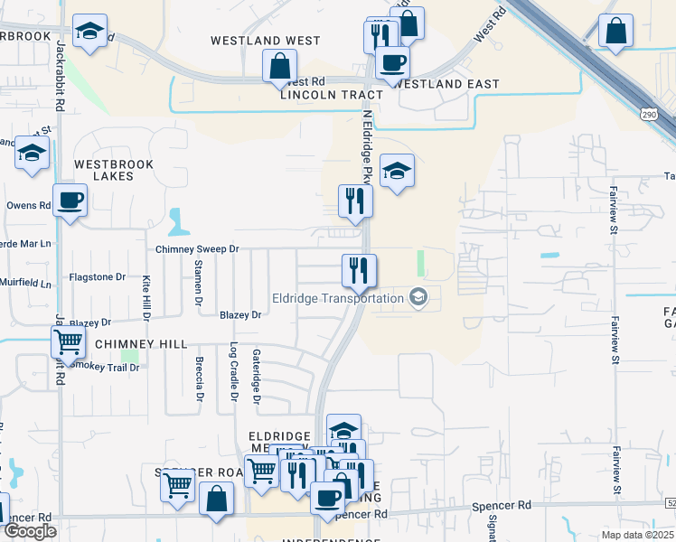 map of restaurants, bars, coffee shops, grocery stores, and more near 13139 Pebblewalk Circle South in Houston