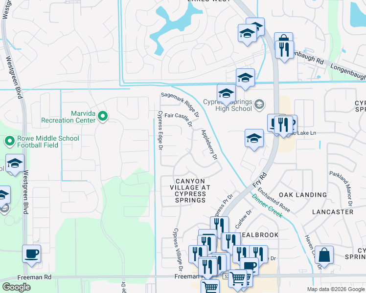 map of restaurants, bars, coffee shops, grocery stores, and more near 20706 Desert Shadows Lane in Cypress