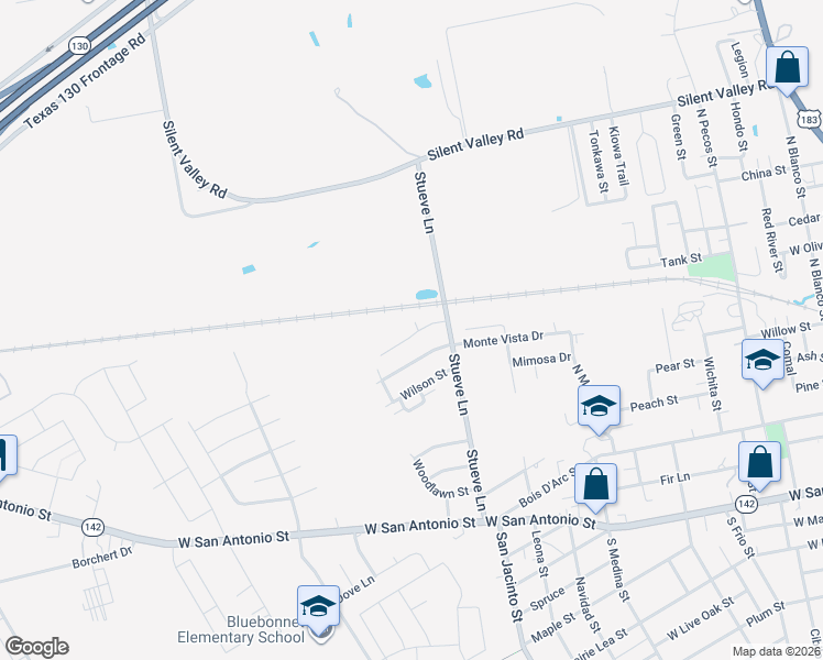map of restaurants, bars, coffee shops, grocery stores, and more near 1313 Monte Vista Drive in Lockhart