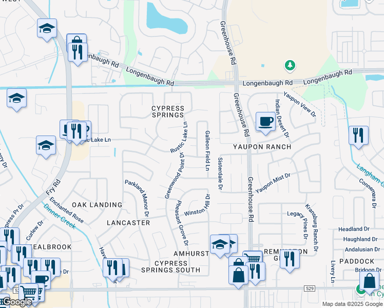 map of restaurants, bars, coffee shops, grocery stores, and more near 19838 Stonecross Glen Lane in Cypress