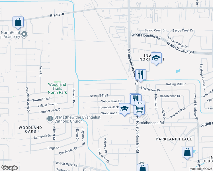 map of restaurants, bars, coffee shops, grocery stores, and more near 7207 Log Hollow Drive in Houston