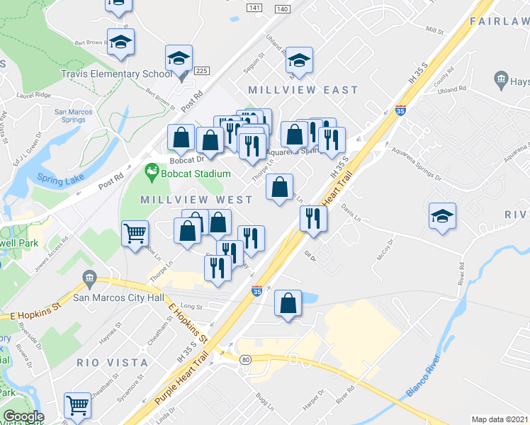 map of restaurants, bars, coffee shops, grocery stores, and more near 1354 Thorpe Lane in San Marcos