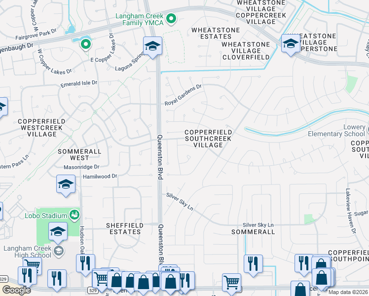 map of restaurants, bars, coffee shops, grocery stores, and more near 16915 Shady Square Court in Houston