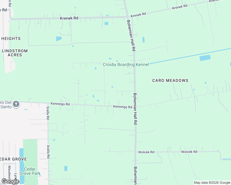 map of restaurants, bars, coffee shops, grocery stores, and more near 2415 Kennings Road in Crosby