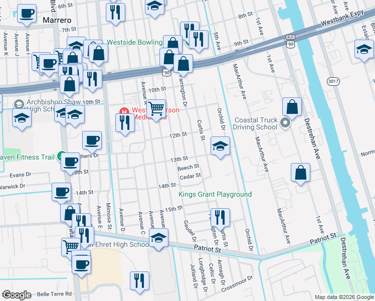 map of restaurants, bars, coffee shops, grocery stores, and more near 1300 Farrington Drive in Marrero