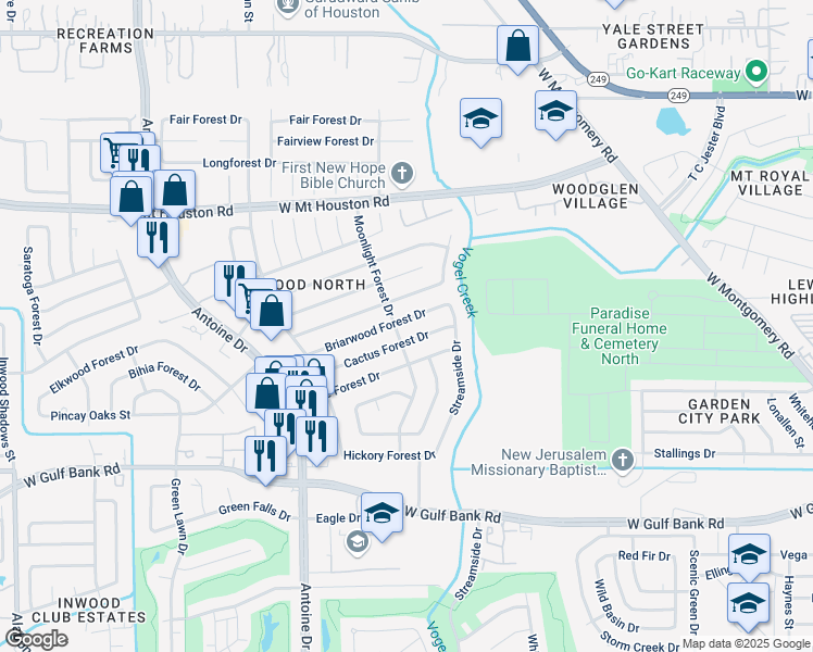 map of restaurants, bars, coffee shops, grocery stores, and more near 5439 Briarwood Forest Drive in Houston