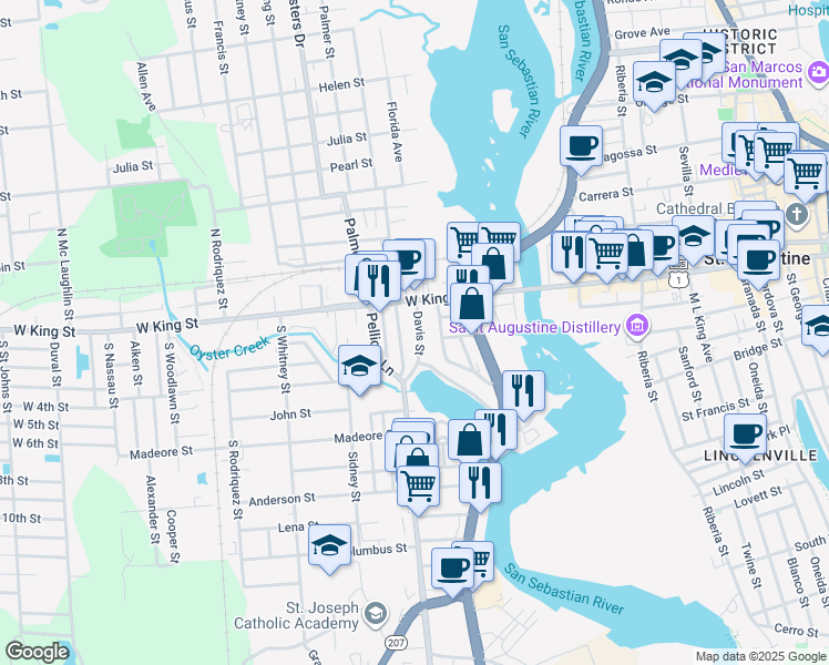 map of restaurants, bars, coffee shops, grocery stores, and more near 33 Davis Street in St. Augustine