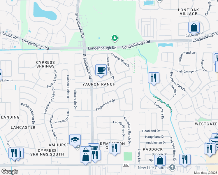 map of restaurants, bars, coffee shops, grocery stores, and more near 19306 Yaupon Creek Drive in Cypress