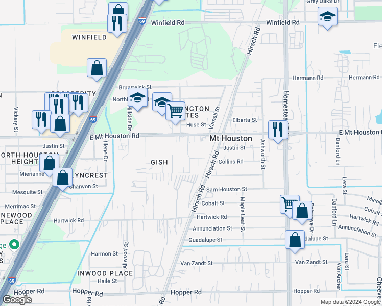 map of restaurants, bars, coffee shops, grocery stores, and more near 5514 East Mount Houston Road in Houston
