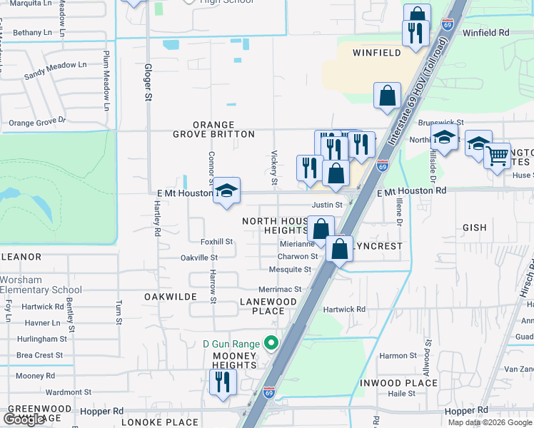 map of restaurants, bars, coffee shops, grocery stores, and more near 4619 Justin Street in Houston