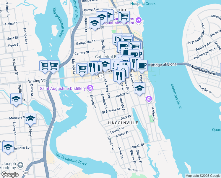 map of restaurants, bars, coffee shops, grocery stores, and more near 83 Cedar Street in St. Augustine