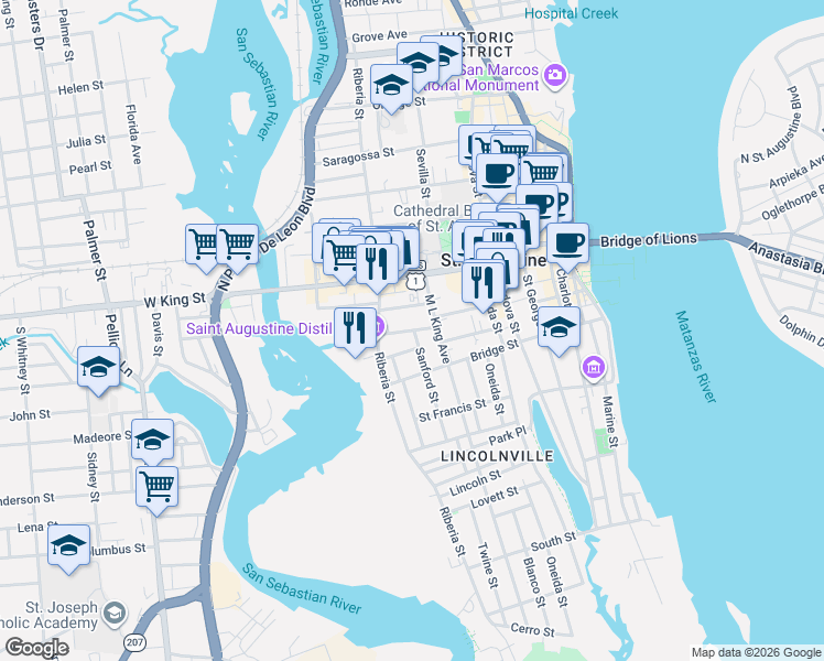 map of restaurants, bars, coffee shops, grocery stores, and more near 101 La Quinta Place in St. Augustine