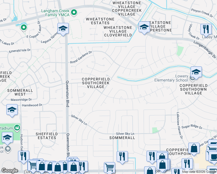 map of restaurants, bars, coffee shops, grocery stores, and more near 7619 Shangrila Lane in Houston