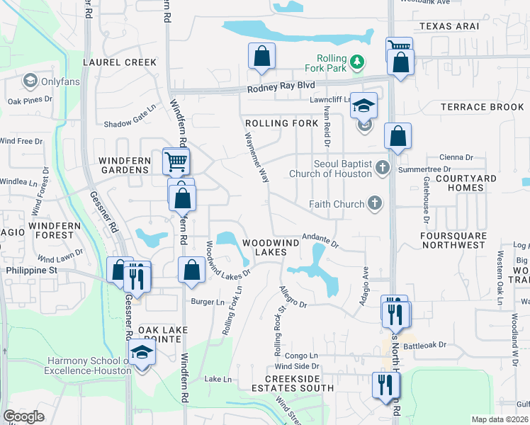 map of restaurants, bars, coffee shops, grocery stores, and more near 8919 Wilson Reid Drive in Houston