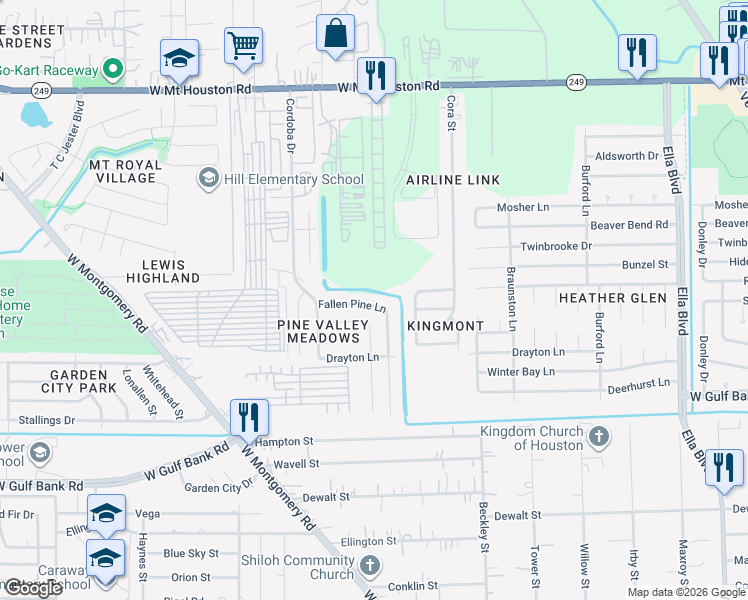 map of restaurants, bars, coffee shops, grocery stores, and more near 2418 Fallen Pine Lane in Houston
