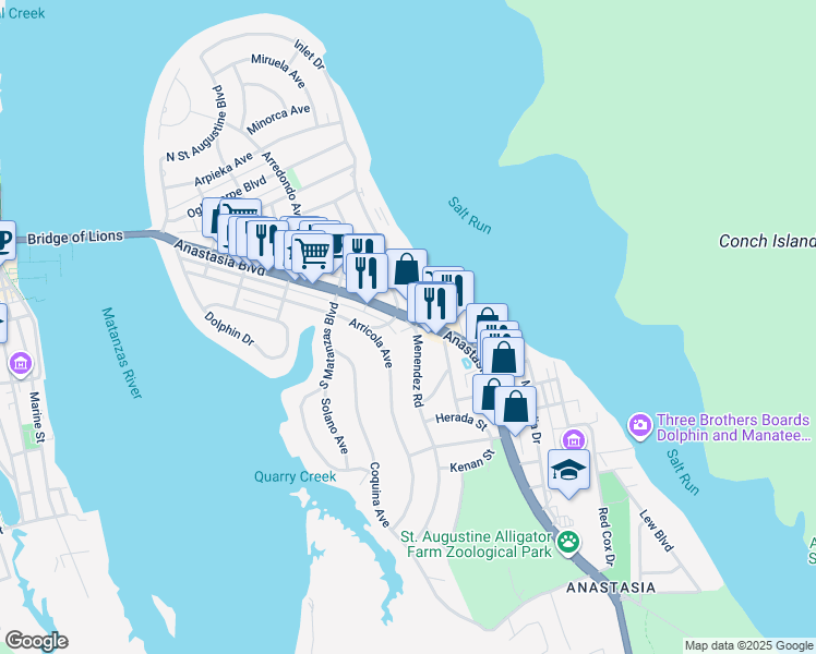 map of restaurants, bars, coffee shops, grocery stores, and more near 140 Moultrie Place in St. Augustine