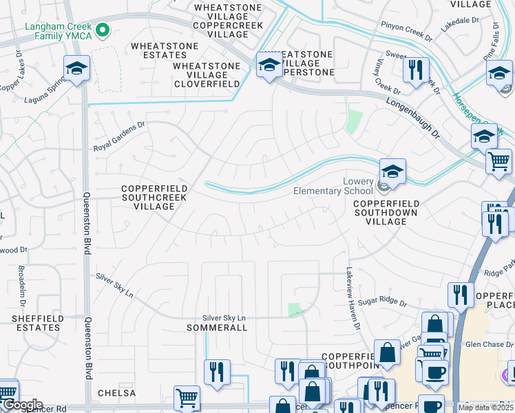 map of restaurants, bars, coffee shops, grocery stores, and more near 7614 Frostwood Valley Court in Houston