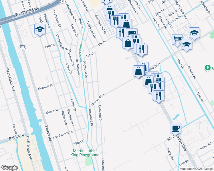map of restaurants, bars, coffee shops, grocery stores, and more near 1397 Redwood Drive in Harvey