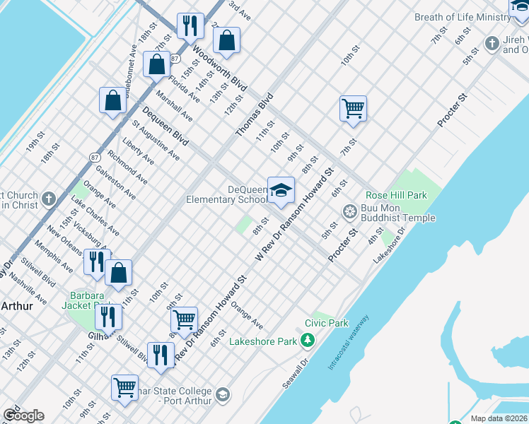 map of restaurants, bars, coffee shops, grocery stores, and more near 829 Dequeen Boulevard in Port Arthur