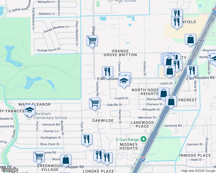 map of restaurants, bars, coffee shops, grocery stores, and more near 11663 Northpost Street in Houston