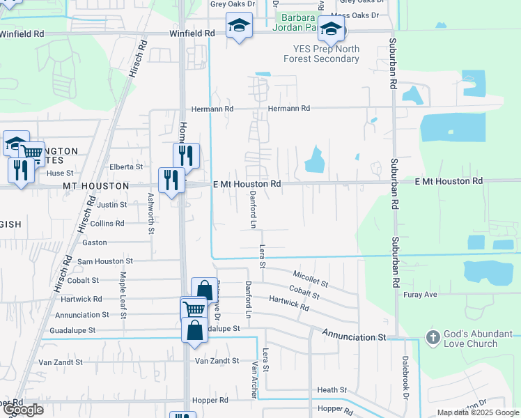 map of restaurants, bars, coffee shops, grocery stores, and more near 11622 Danford Lane in Houston