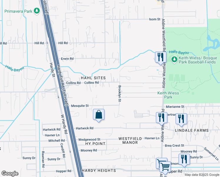 map of restaurants, bars, coffee shops, grocery stores, and more near 1540 Collins Road in Houston