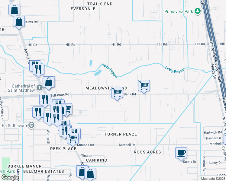 map of restaurants, bars, coffee shops, grocery stores, and more near 515 Gulf Bank Road in Houston