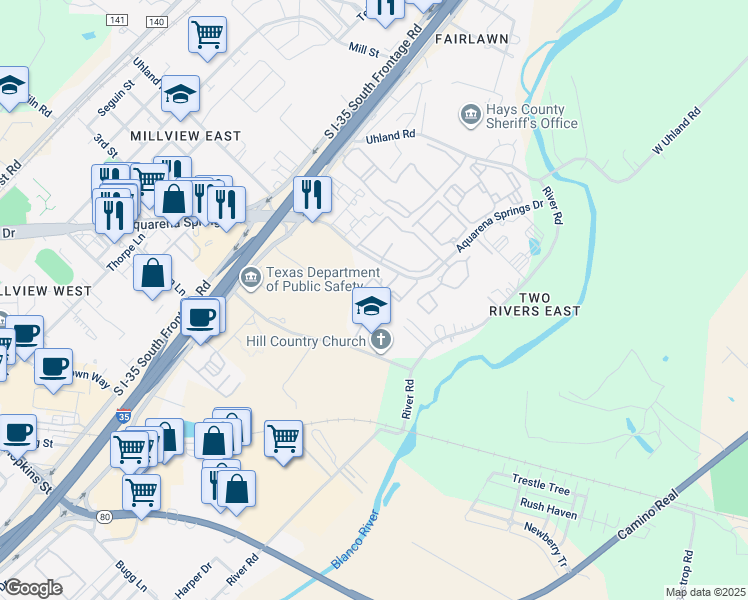 map of restaurants, bars, coffee shops, grocery stores, and more near 1850 Aquarena Springs Drive in San Marcos
