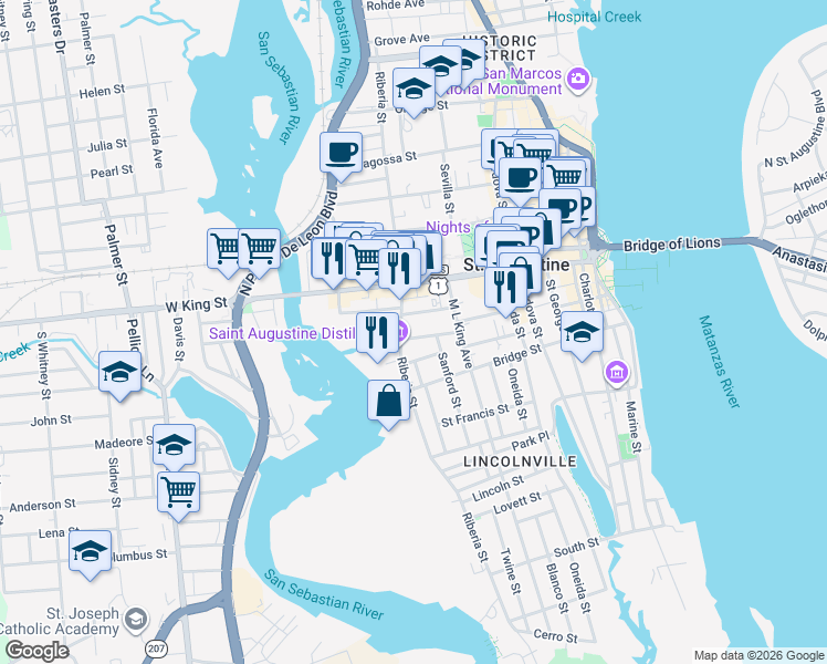 map of restaurants, bars, coffee shops, grocery stores, and more near 115 La Quinta Place in St. Augustine