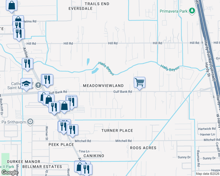 map of restaurants, bars, coffee shops, grocery stores, and more near 515 Gulf Bank Road in Houston