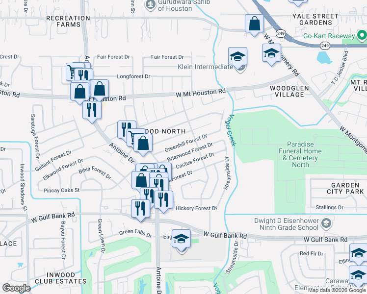 map of restaurants, bars, coffee shops, grocery stores, and more near 5523 Canyon Forest Drive in Houston