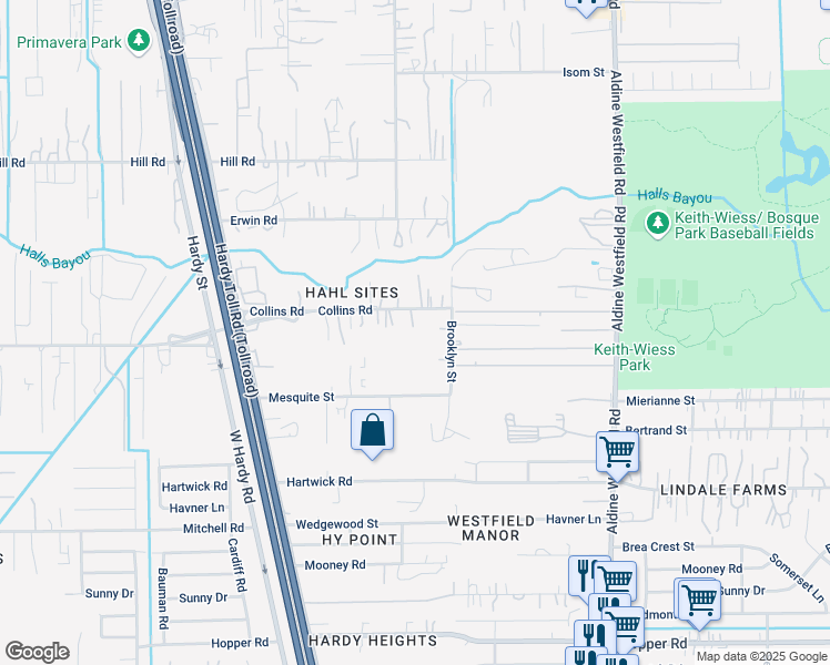 map of restaurants, bars, coffee shops, grocery stores, and more near 1540 Collins Road in Houston