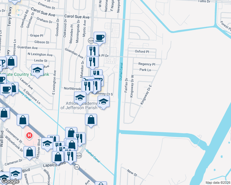 map of restaurants, bars, coffee shops, grocery stores, and more near 920 Fairfax Drive in Gretna
