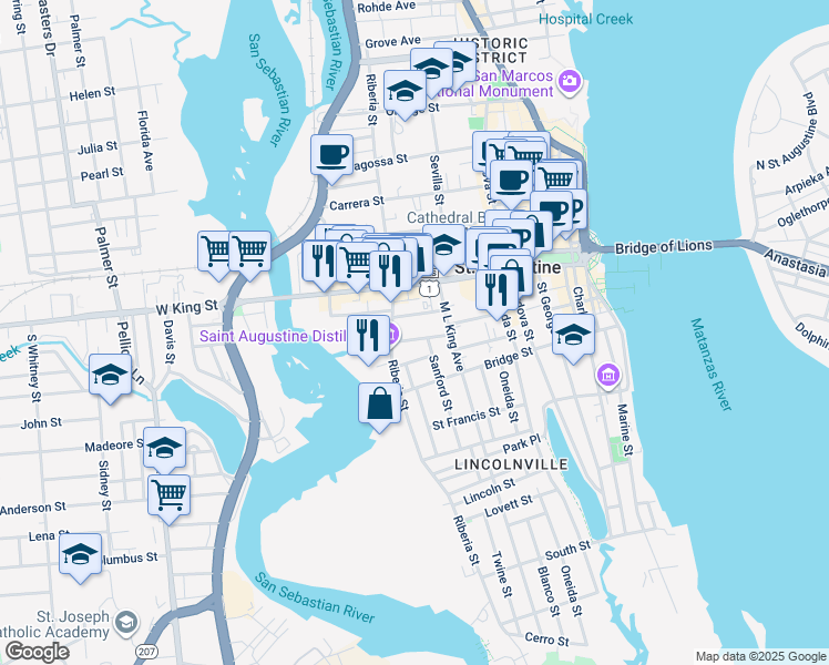 map of restaurants, bars, coffee shops, grocery stores, and more near 114 Cedar Street in St. Augustine