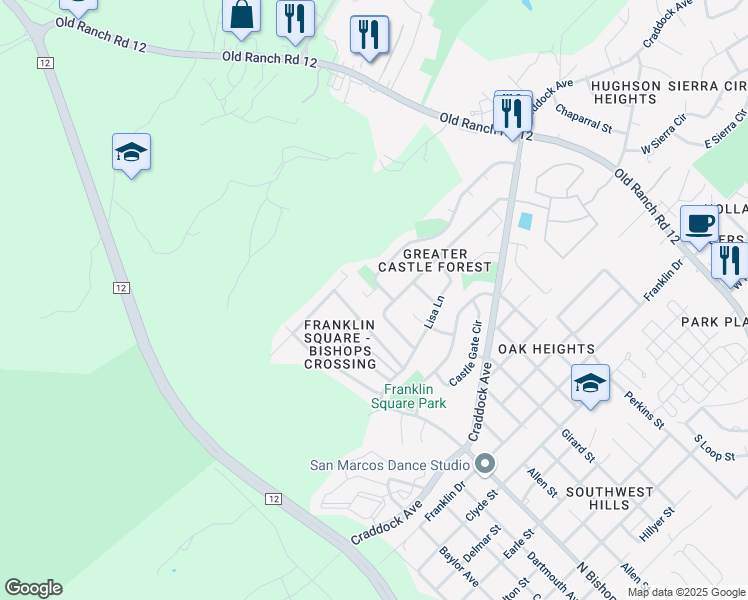 map of restaurants, bars, coffee shops, grocery stores, and more near 102 Spring Hollow Cove in San Marcos