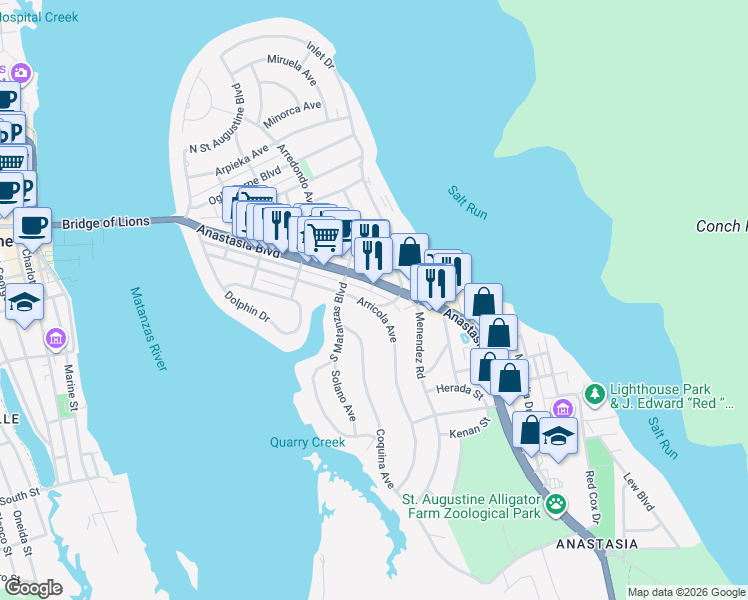 map of restaurants, bars, coffee shops, grocery stores, and more near 405 Anastasia Boulevard in St. Augustine