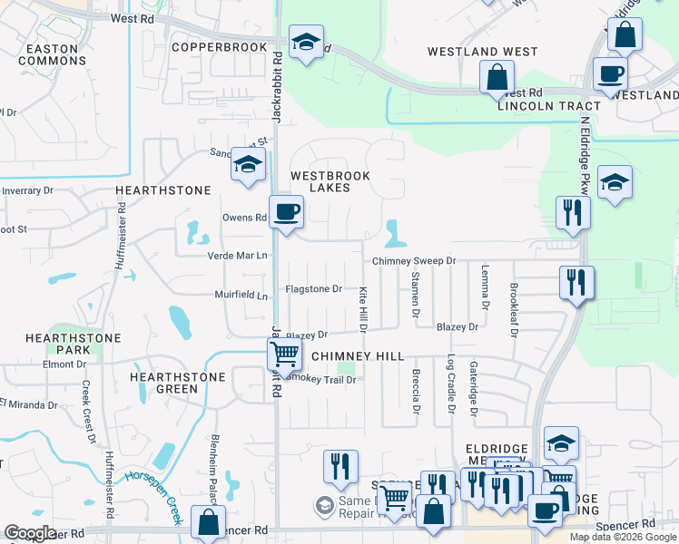 map of restaurants, bars, coffee shops, grocery stores, and more near 7630 Muirwood Lane in Houston