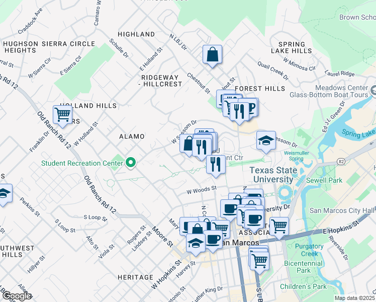 map of restaurants, bars, coffee shops, grocery stores, and more near 250 Student Center Drive in San Marcos
