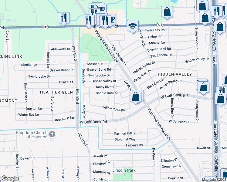 map of restaurants, bars, coffee shops, grocery stores, and more near 1511 Rainy River Drive in Houston