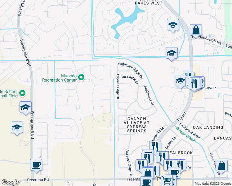 map of restaurants, bars, coffee shops, grocery stores, and more near 20738 Dickinson Manor Lane in Cypress
