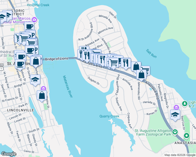 map of restaurants, bars, coffee shops, grocery stores, and more near 200 Zoratoa Avenue in St. Augustine