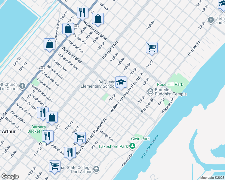 map of restaurants, bars, coffee shops, grocery stores, and more near 829 Dequeen Boulevard in Port Arthur