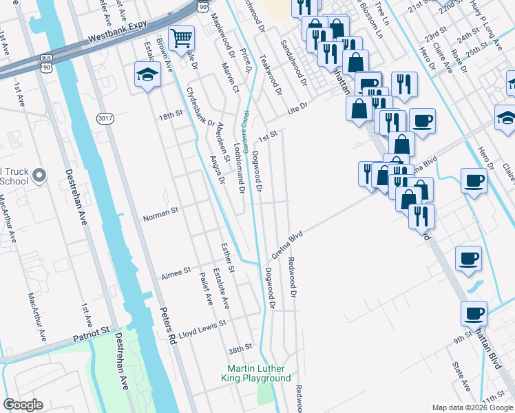 map of restaurants, bars, coffee shops, grocery stores, and more near 1380 Dogwood Drive in Harvey