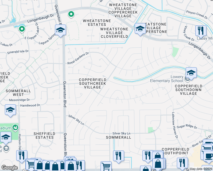 map of restaurants, bars, coffee shops, grocery stores, and more near 7619 Shangrila Lane in Houston